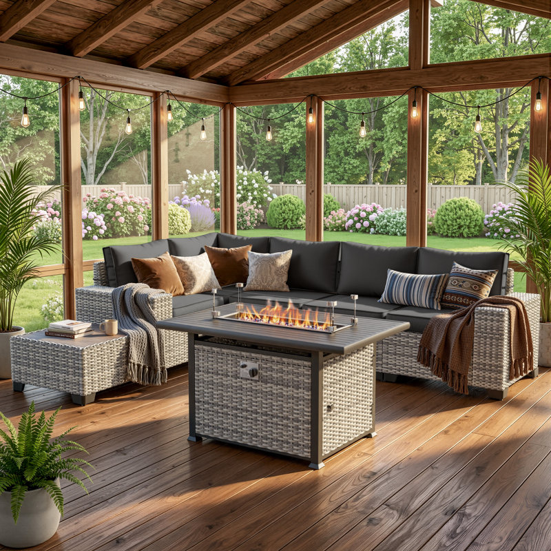 Ensemble modulaire de patio en osier 7 pièces avec table de foyer et ensemble de conversation extérieur rembourré en PEHD 7 pièces
