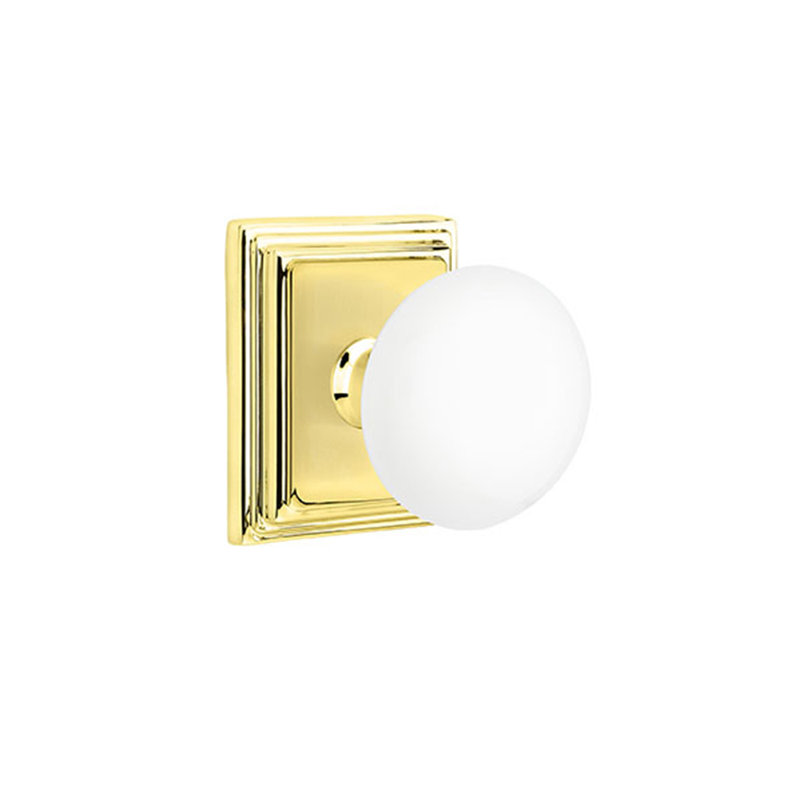 Ensemble de boutons de passage Emtek avec rosette Wilshire et bouton en porcelaine blanc glacé, Laiton poli