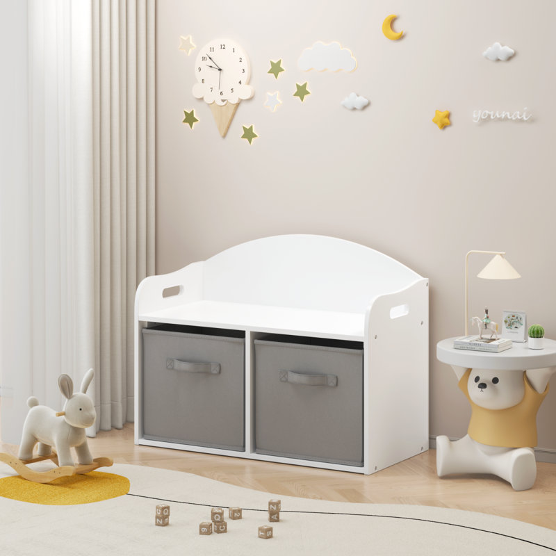 Boîte à jouets / banc en bois pour enfants avec tiroirs en tissu pliables, rangement pour jouets, blanc