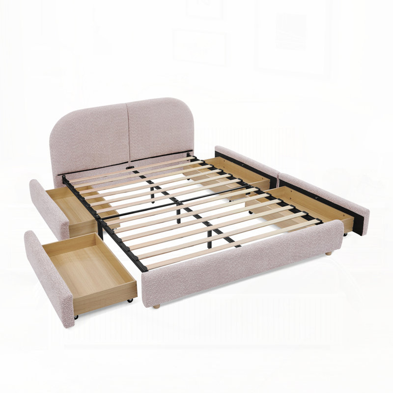 Cadre de lit rembourré en tissu circulaire avec support de pieds robuste et rangement sur roulettes, Grand lit, Rose