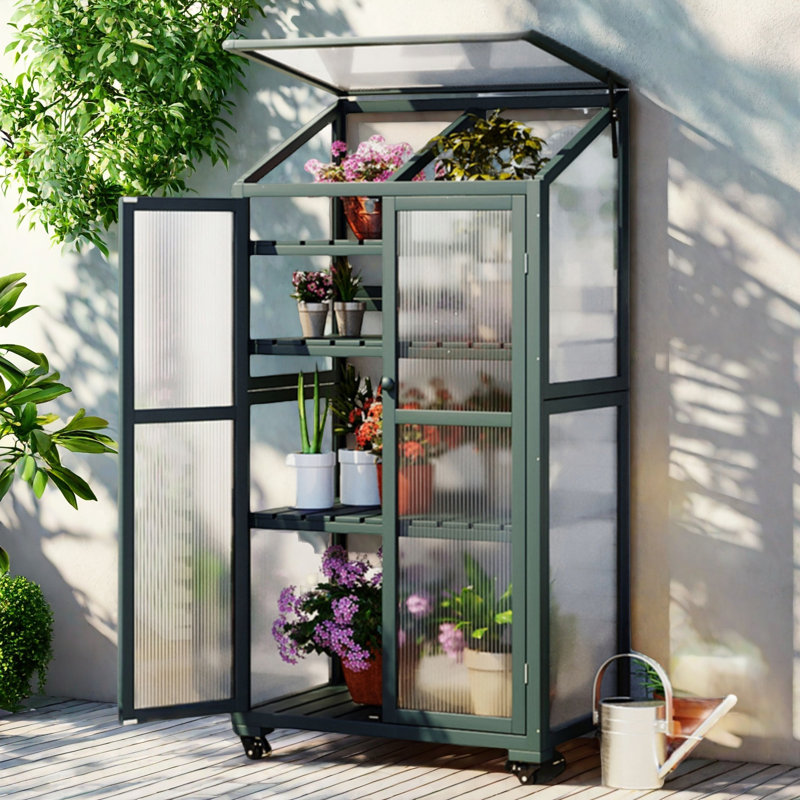 Height Wood Large Greenhouse Balcony Portable Cold Frame With Wheels, Adjustable Shelves And Openable Roof