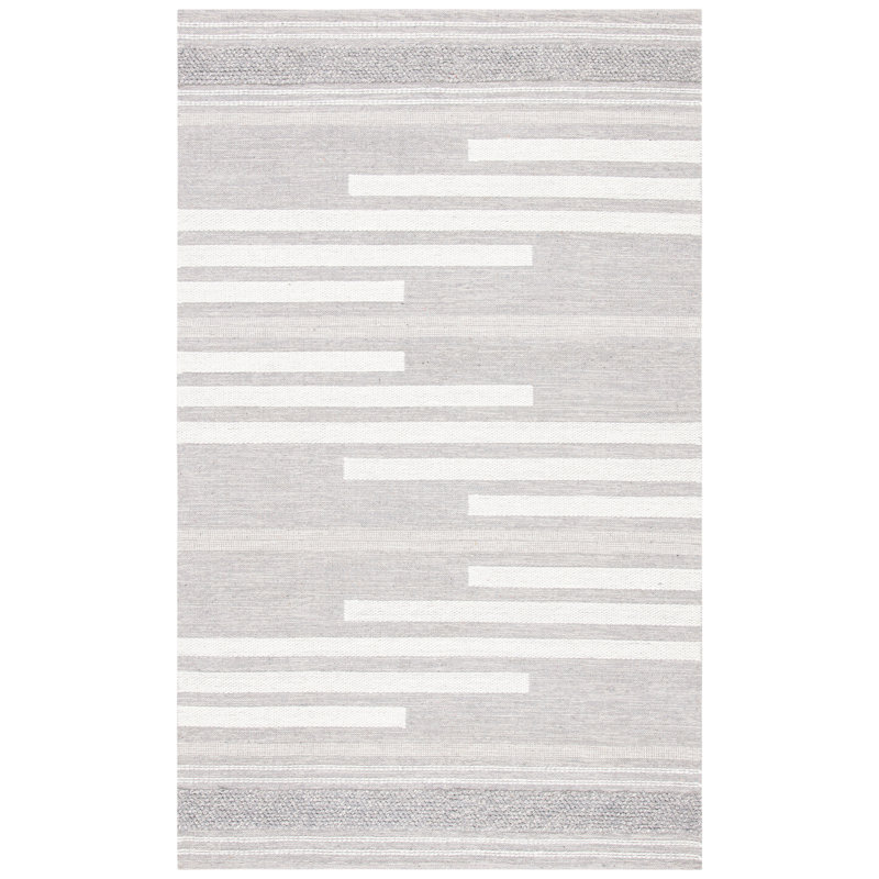 Tapis rayé ivoire / gris en coton / laine Buth, Rectangle 8 pi x 10 pi