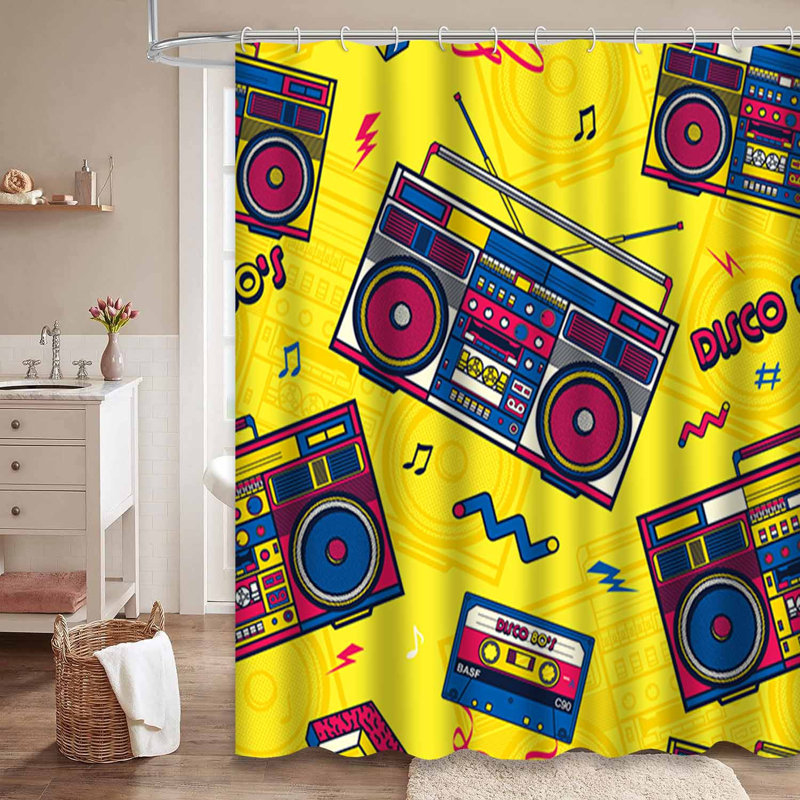 Rideau de douche imperméable rétro Memphis Radio avec 12 crochets, L 72 po x l 72 po