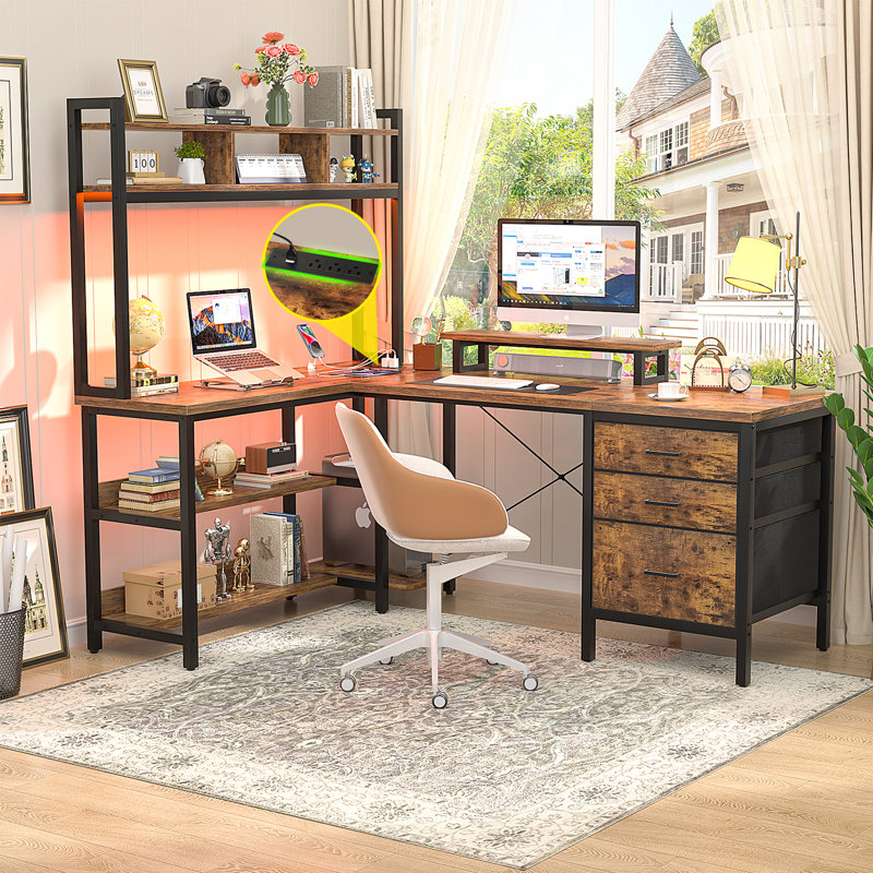 Shelburne 58.7'' W L-Shaped Computer Desk with Tall Hutch,Corner Desk, Brown/Black