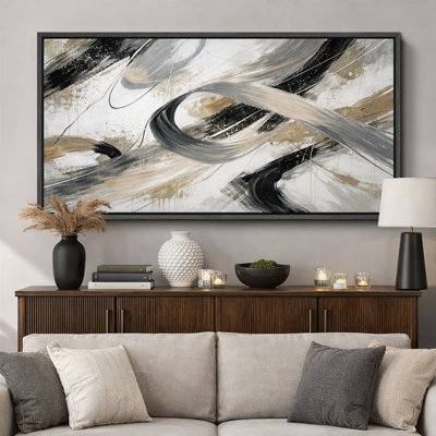 Abstract Black Beige Fluid Composition Artwork, Contemporary Living Room Pictures, Framed Canvas Giclee Print Wall Art
