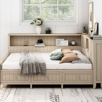 Lit de jour en bois de lait blanc antique avec options de rangement et 3 tiroirs, conçu pour durer