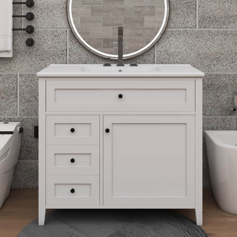 Meuble-lavabo indépendant 36 po avec lavabo 36 po, 3 tiroirs, tablette réglable, Blanc