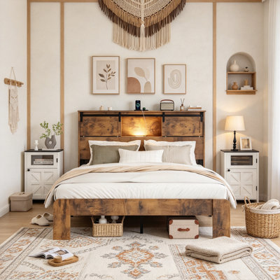 Platform Bed with Storage Headboard and Charging Station, Wood Bed Frame with Sliding Doors Noise-Free Slats, No Box Spring Needed, Queen Size, Dark Brown