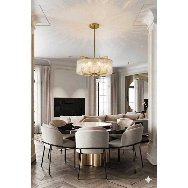 Transitional 8-Light Brass Chandelier With Hanging Clear Rippled Glass, 24" H x 32" W x 32" D