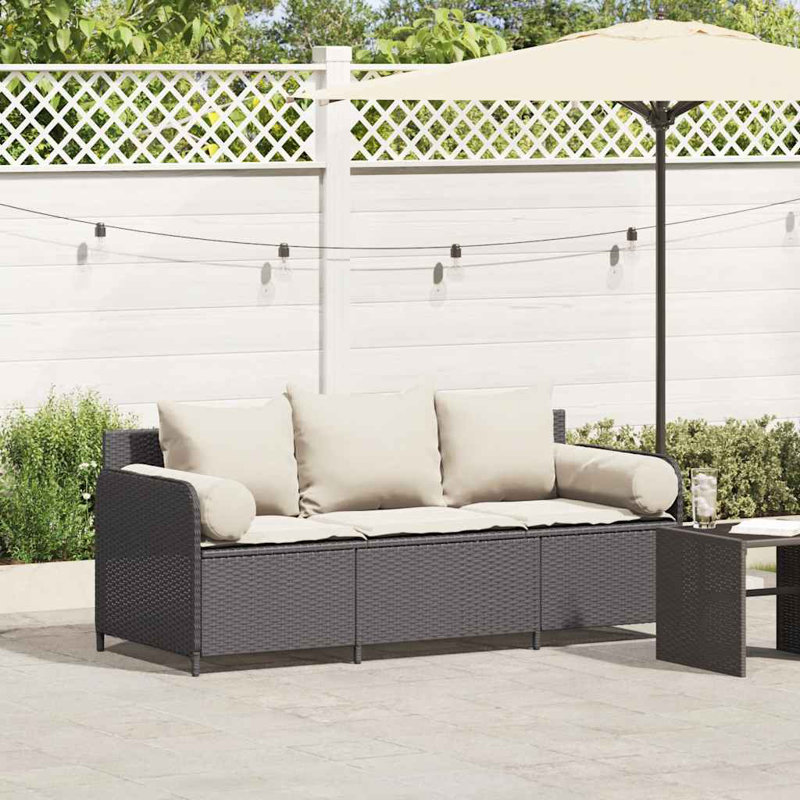 Canapé de patio avec coussins 3 places en rotin de polyester gris, Crème, crème, Noir