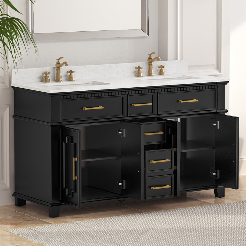 Ensemble de meuble-lavabo double 60 po avec plateau en pierre reconstituée Scarlett, Noir / or brossé