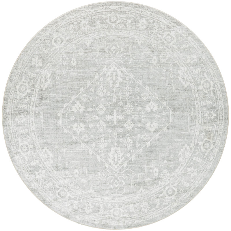 Bungalow Rose Harleigh Machine Washable Light Grey Vintage Indoor Rug, Round 5'3"