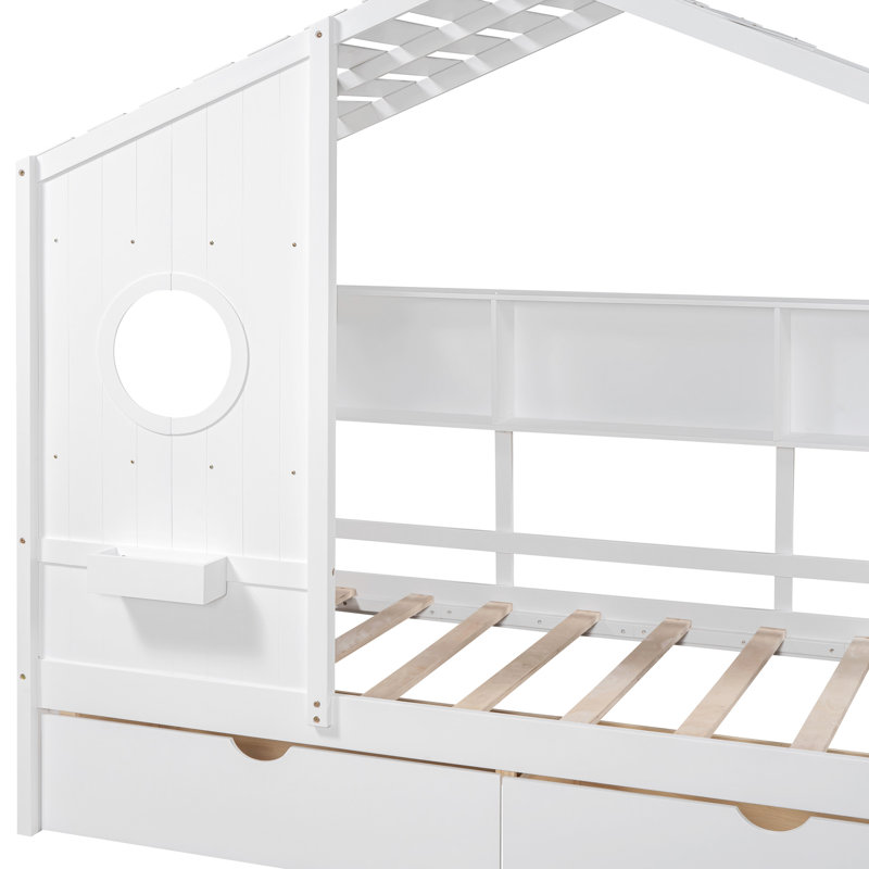 Lit simple en bois avec 2 tiroirs et tablette, blanc, attrayant pour le toit de la maison blanche, semi-fermé