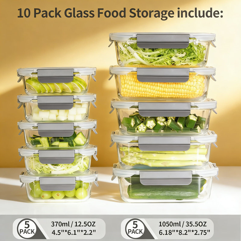 Contenants en verre pour préparation de repas avec couvercles hermétiques, contenant de nourriture sans BPA, résistant aux fuites et au micro-ondes, au four, au congélateur et au lave-vaisselle