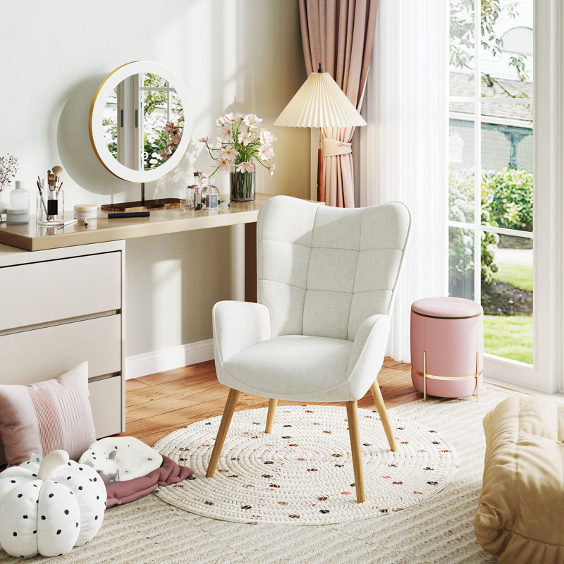 Elegant Wingback Upholstered Vanity Chair with Wooden Legs, Perfect for Bedroom & Makeup Table, Beige