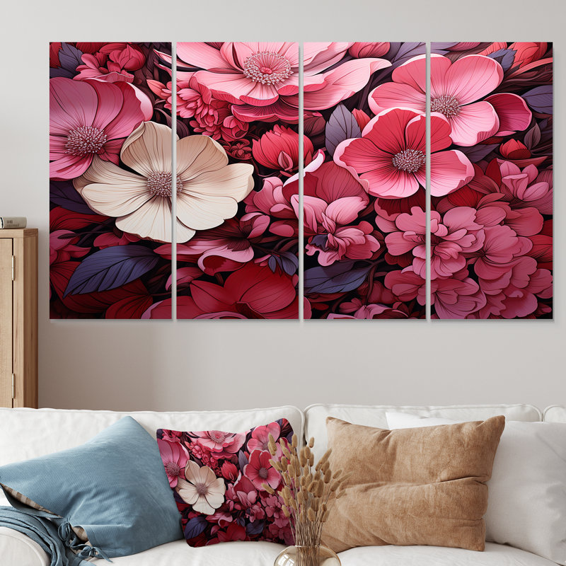 «Pink Twilight Poppies Glow Collage» - art mural 4 pièces coquelicots, H 28 po x l 48 po