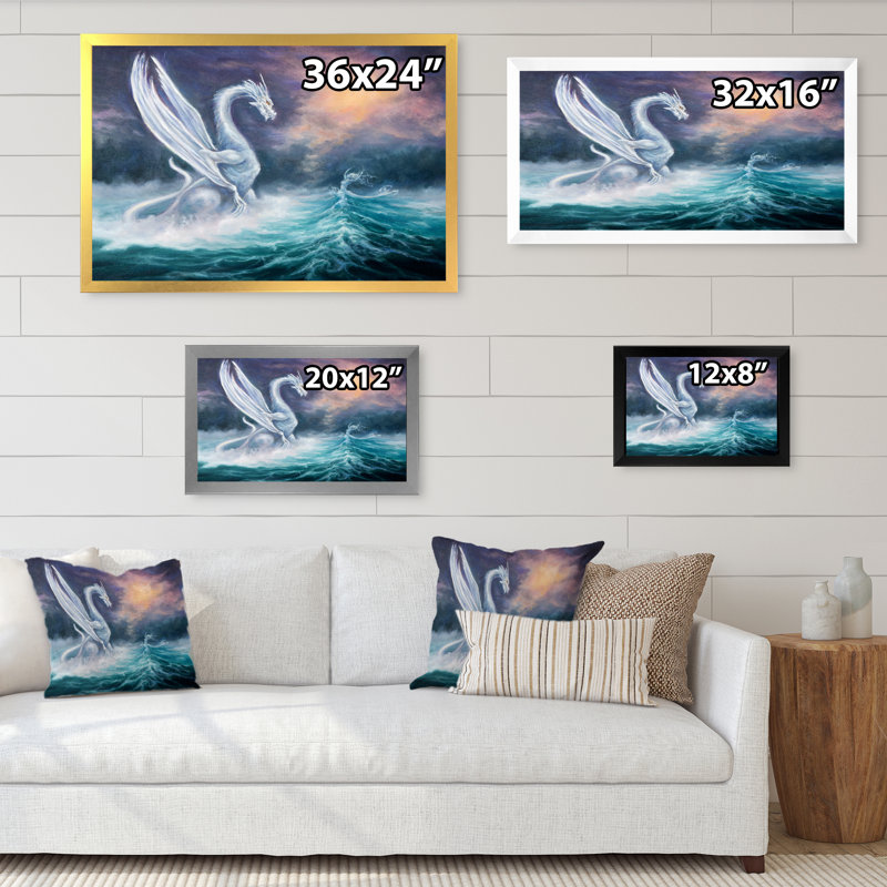 «White Dragon With Wings in Fantasy Ocean», reproduction d'art sur toile, Cadre photo blanc, H 16 po x l 32 po x P 1 po