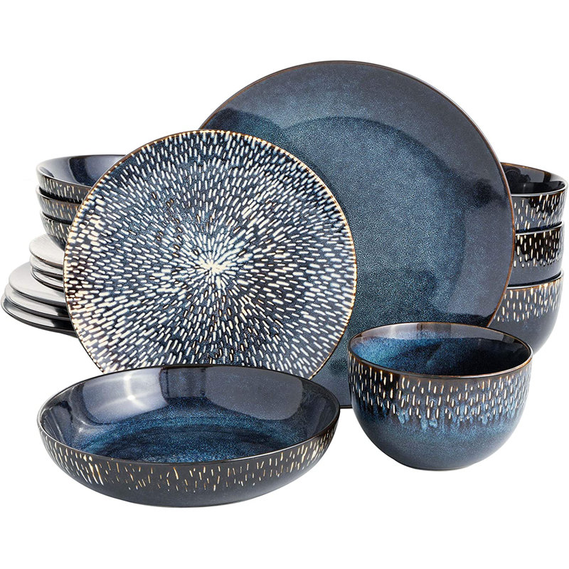 Gibson Elite Matisse 16-Piece Double Bowl Dinnerware Set, Service for 4 (16pcs), Cobalt