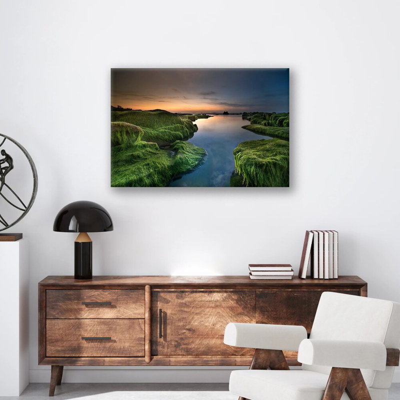 «Mossy Beach Print», art mural paysage côtier nature - affiche sur toile de rivage recouverte de mousse - œuvre d'art de rocher océanique - voyage plage décor - suspension murale bord de mer serein - impression d'art de décoration de maison moderne