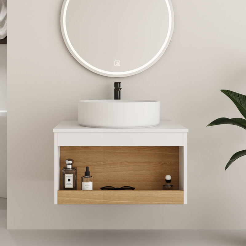 Ensemble de meuble-lavabo simple mural 24 "avec lavabo rond en céramique, White