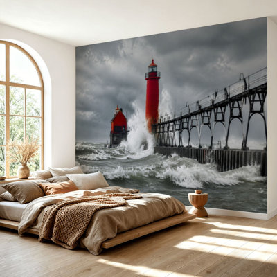 Wall Mural Peel and Stick Wallpaper wave lighthouse michigan lake beach Self-Adhesive Removable Contact Paper Wall Decor for Living Room Bedroom 69"H x 96"W