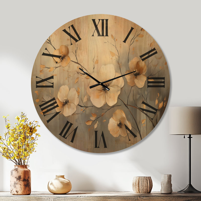 Horloge murale ronde en bois à motif botanique « Fleurs d'ivoire dorées I », Très grand