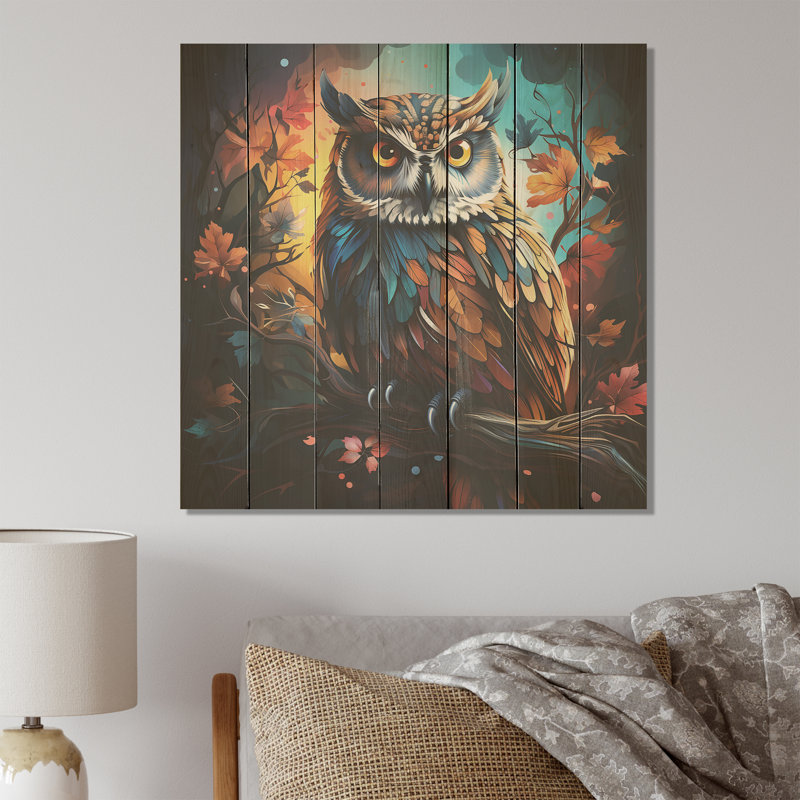 «Blue and Orange Mysterious Owl Forest I» - impression d'un hibou sur bois, H 15 po x l 15 po