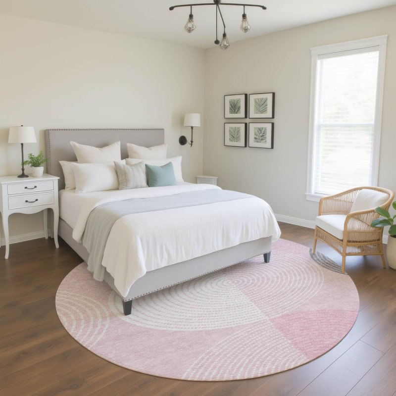 Premium Machine Washable Mayfield AMF2281 Geometric Rug, Pink, 8' Round