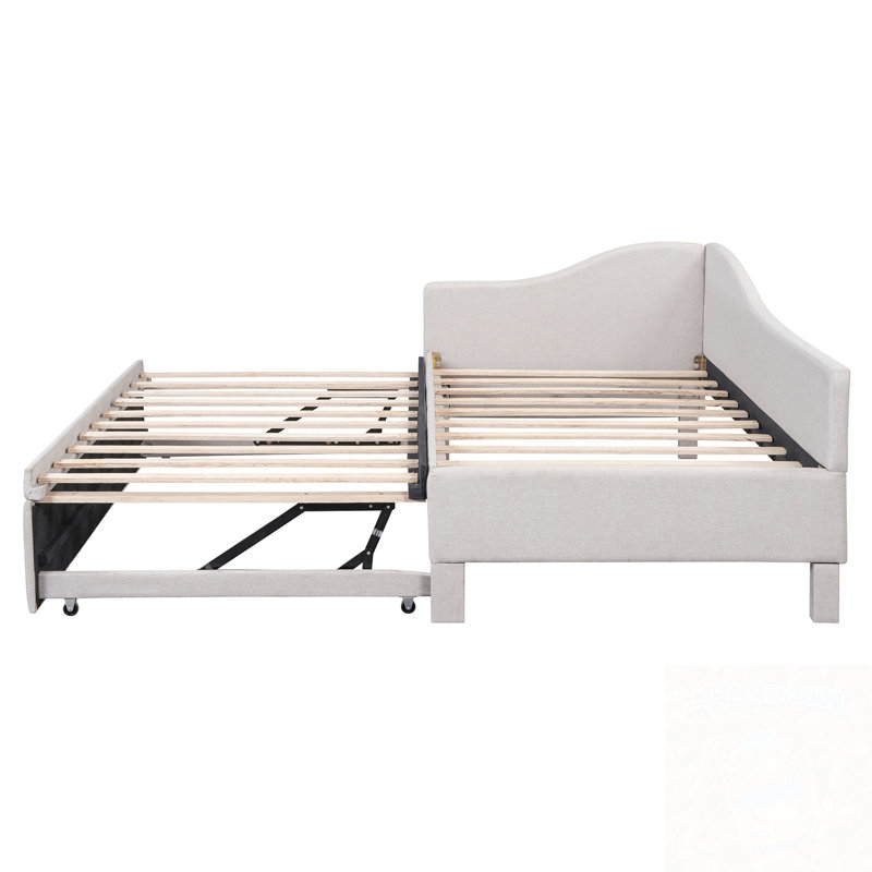 Lit de jour simple en L rembourré en forme de L avec lit gigogne, Beige