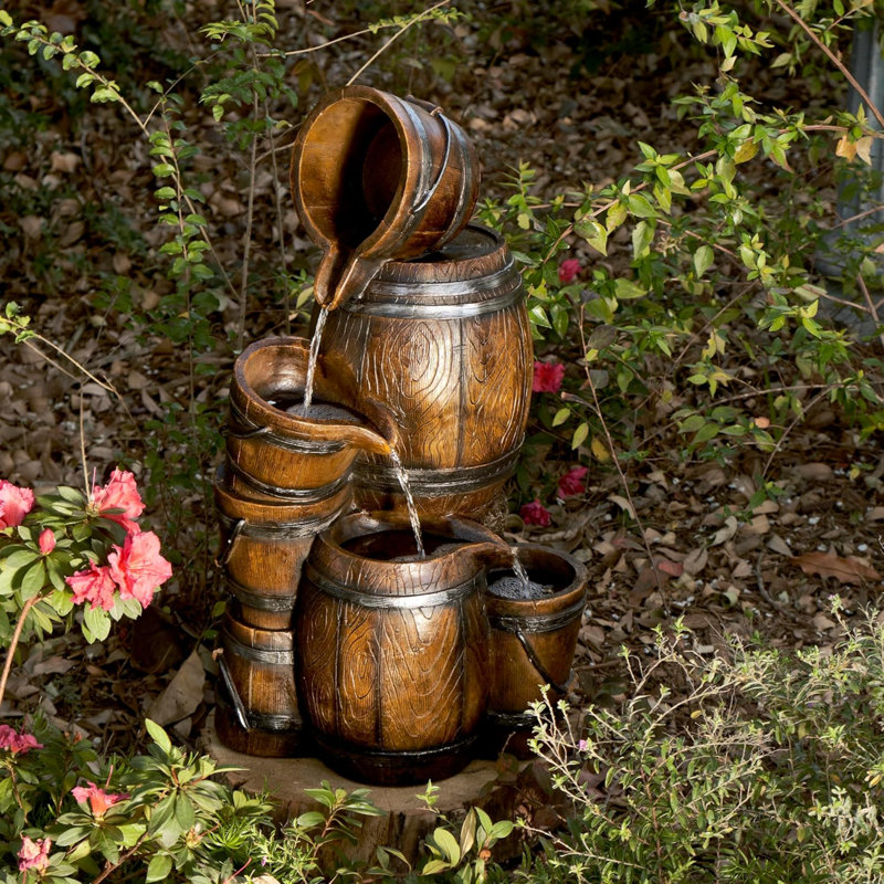 Outdoor Rustic 4-Tiered Barrels And Buckets Water Floor Fountain - Farmhouse Style, 24 Inch Tall, Brown