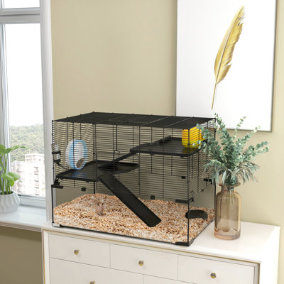 31 po Hamster Residence, noir avec esthétique moderne, cuve en verre, rampes, plateformes, cabane, roue d'exercice pour cage de hamster, fabrication en acier