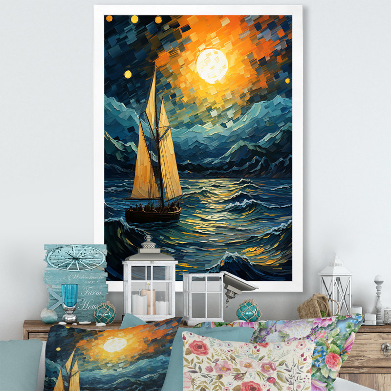 Clair de lune, bateau à voile Horizon III - Bateau à voile, art mural, Cadre simple blanc, H 32 po x l 16 po x P 1 po