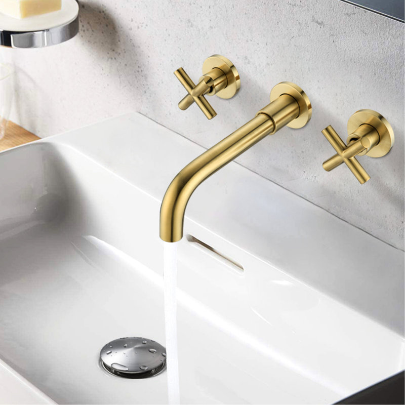 Wall Mounted Faucet Bathroom Sink - Gold Finish, Pop-Up Drainage System, Easy Water Control For Temperature Control, Drain Mechanism, Stainless Steel Finish