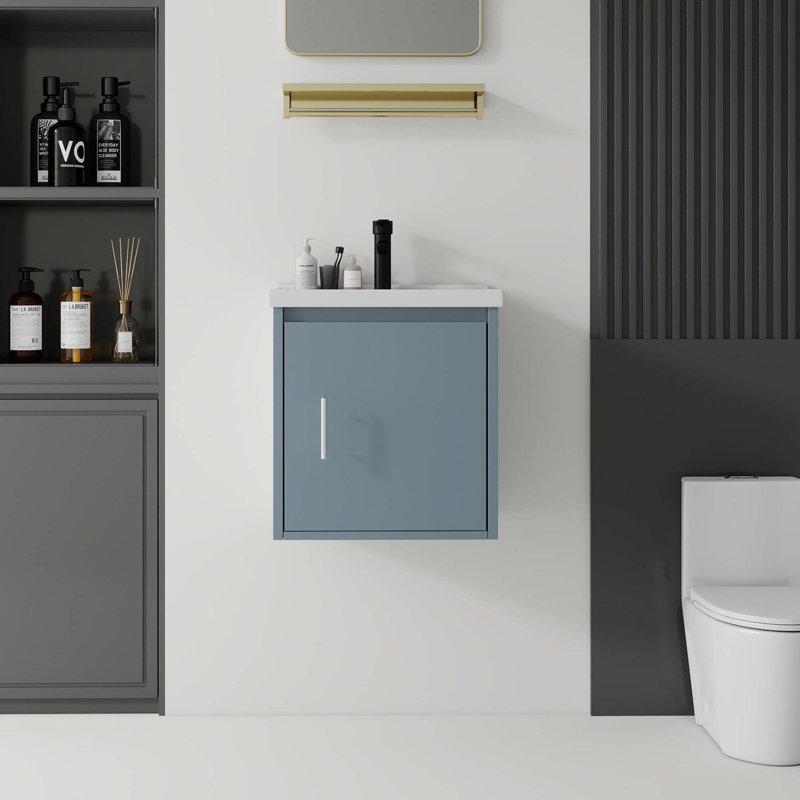 Meuble-lavabo flottant peu encombrant avec lavabo en céramique et portes à fermeture en douceur, Bleu