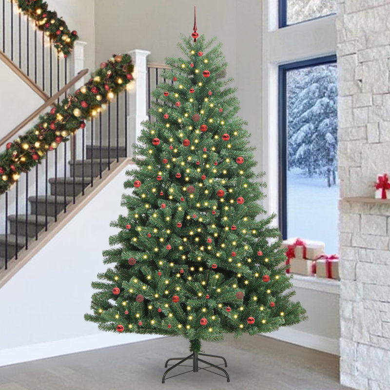 Artificial Hinged Christmas Tree PVC and Metal, with Leds & Red Balls, 270 cm, Green