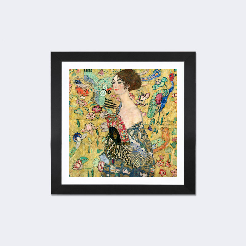 « Lady with a Fan » par Gustav Klimt, impression, H 18 po x l 18 po, Toile avec cadre noir, Noir