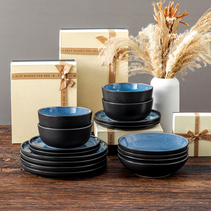 Service de table en porcelaine 16 pièces PLA, service pour 4, Bleu / Noir