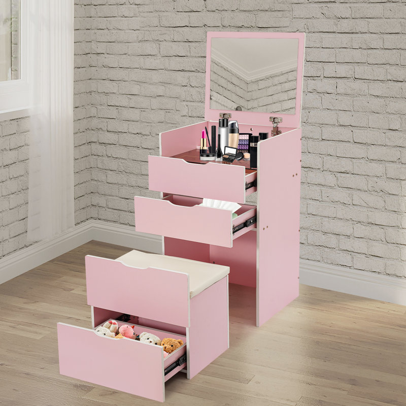Makeup Vanity Table Set Vanity Desk Bedside Table Storage Cabinet With Mirror, 3 Drawers, Stool, Pink