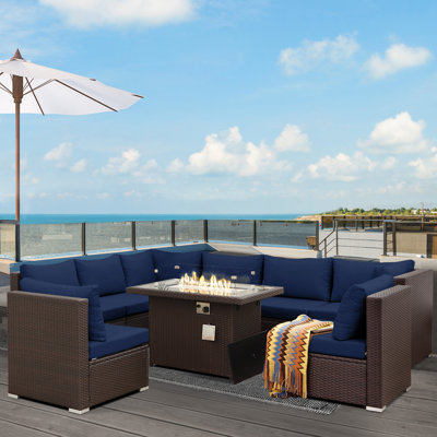 Alcalde 9-Piece Outdoor Wicker Conversation Set, Modular Sectional & 60,000 BTU Propane/Natural Gas Fire Pit Table