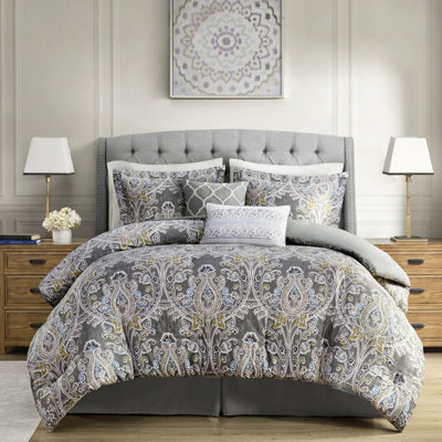 Grey Queen 6 Piece Comforter - Cotton , Dazzle, Size Pieces Ornamentation,