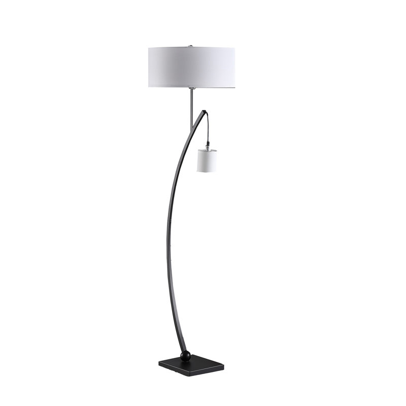 Lampe sur pied à arc 59 po Ginel, conception suspendue, 2 abat-jours cylindriques blancs, noir, Argenté