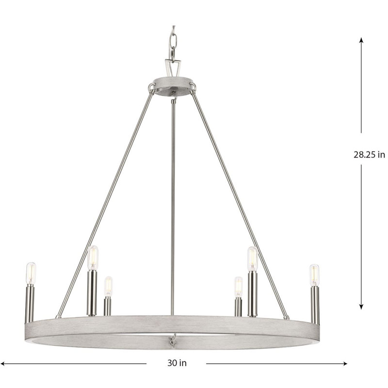 6 - Light Dimmable Wagon Wheel Chandelier, Brushed Nickel