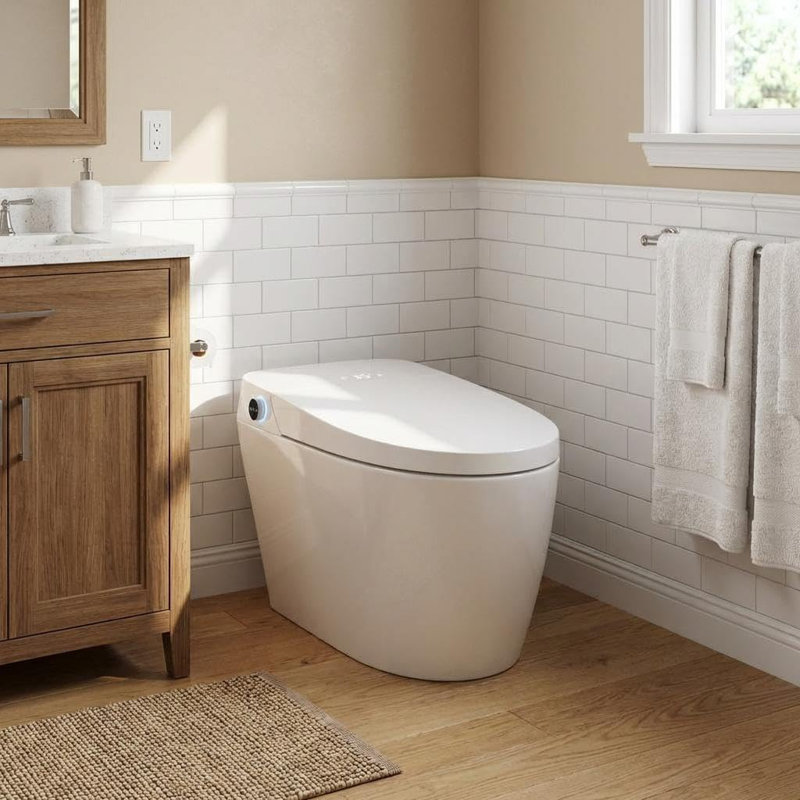 Smart Toilet with Bidet, One Piece Toilet with Auto Open/Close, Foot Sensor Lift, Auto Silent Flush, Heated Seat, Warm Air Dryer, LED Night Light, Remote Control, 110V 1200W, 26.8 x 15.7 x 17.5in