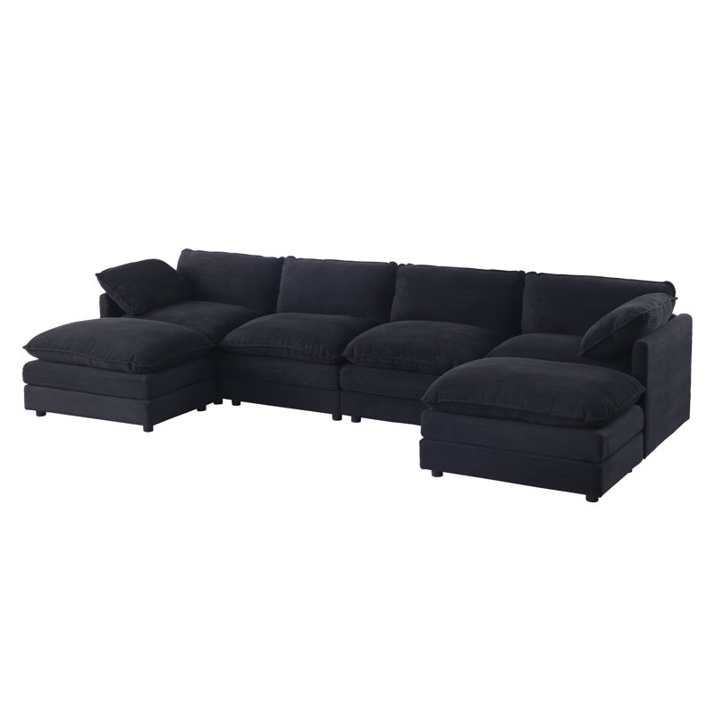6 - Piece U Shape Sectional Sofa Cloud Couch With Removable Ottomans, Black Corduroy