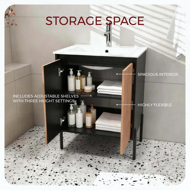 Meuble-lavabo de salle de bain autoportant ou mural seulement, avec portes doubles à fermeture amortie et tablette réglable, noyer et noir