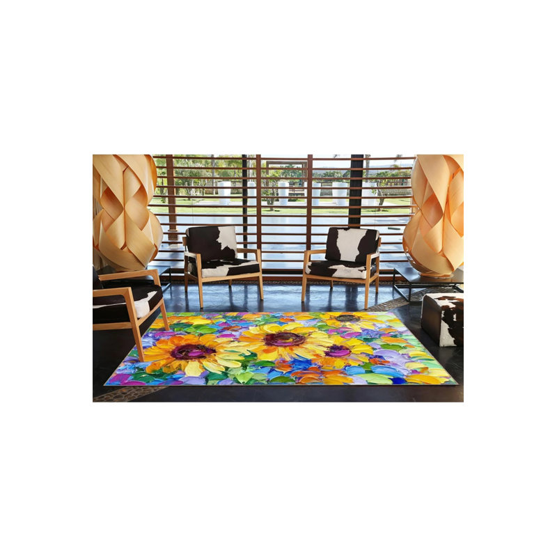 Floral Yellow White Blooming Flower Patterned Decorative And Woven Base Washable Carpet, Round 4'