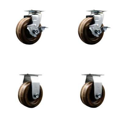 4 Piece Phenolic Bronze Bearing Caster Set with 2 Brakes and 2 Rigids