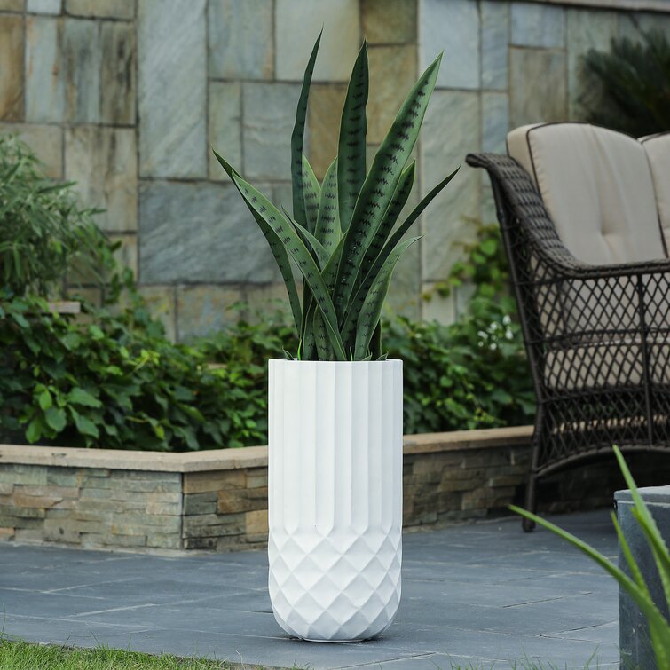 Handmade White Geometric Tall Round Pot Planter