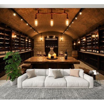 Peel and Stick Wallpaper Elegant Wine Cellar Interior Wooden Table Bottles Display Warm Wall Murals 100"H x 144"W Removable PVC Wall Paper Self-Adhesive Wall Decor for Bedroom Living Room Home Office