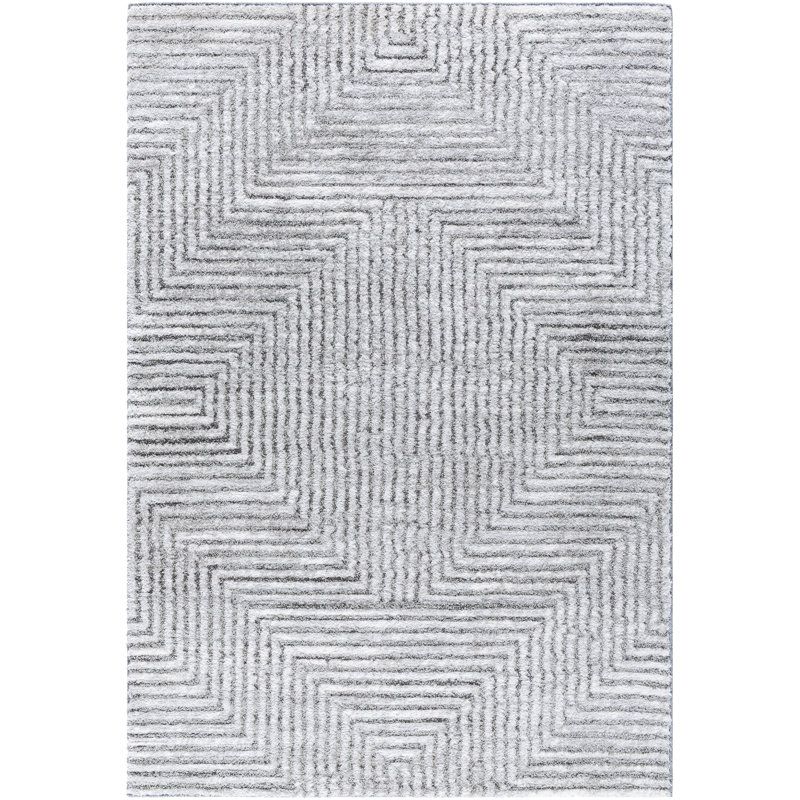Rectangle Jean-Paul Striped Machine Woven Polyester Area Rug in White/Gray, Rectangle 5'3" x 7'